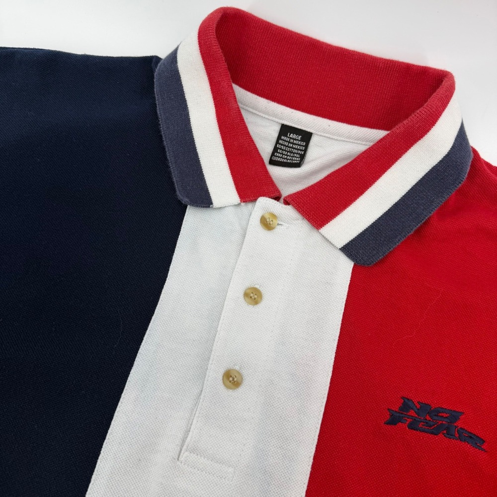 VTG No Fear Polo Shirt Mens Large Red White Blue Colorblock Short Sleeve Y2K